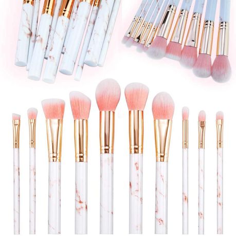 10 Piece Marble Style Professional Makeup Brush Cosmetic Set - Pink